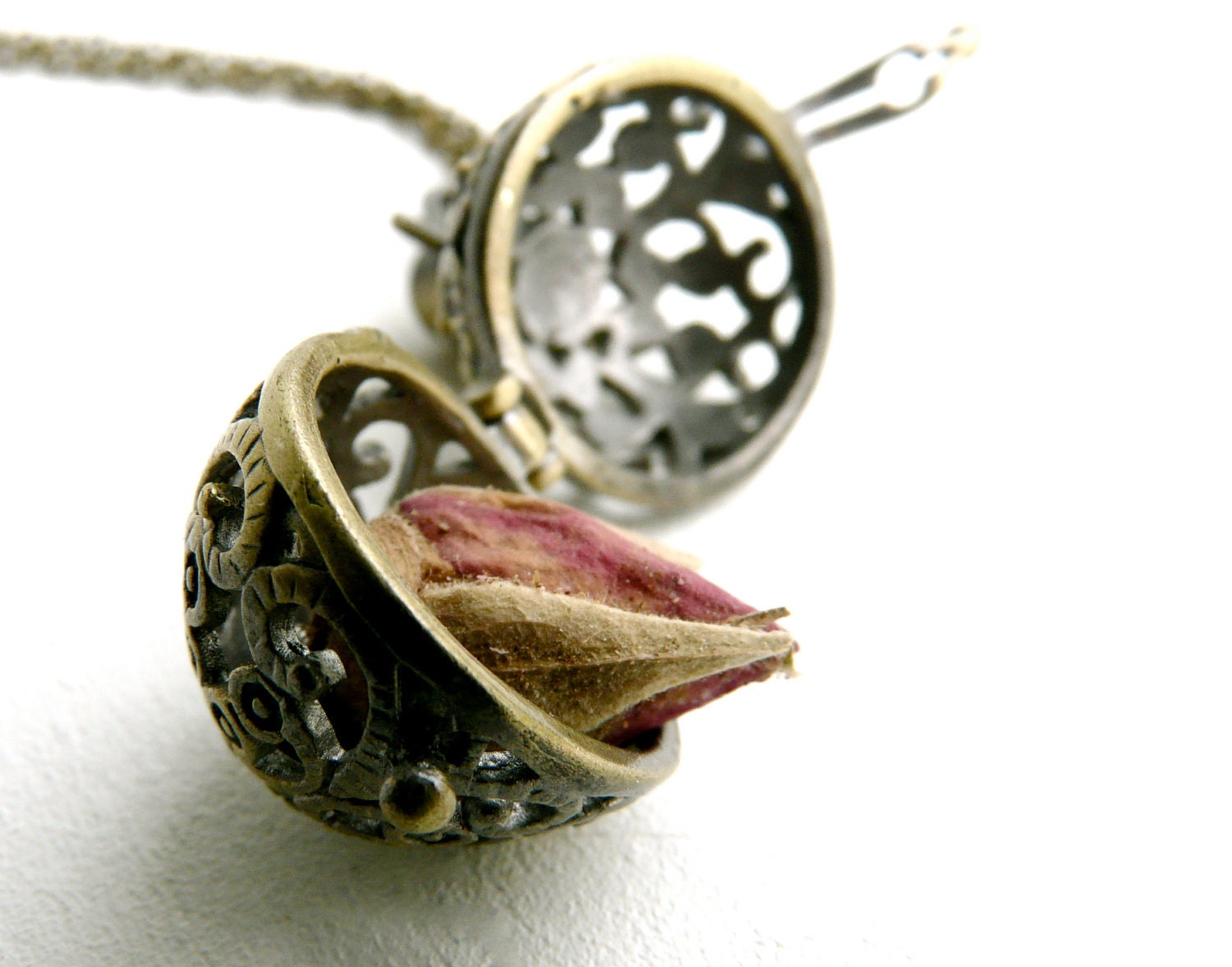 Rosebud and wish box necklace pendant ( pirate, treasure, textured, rose perfume, antique, filigree, love ) 45