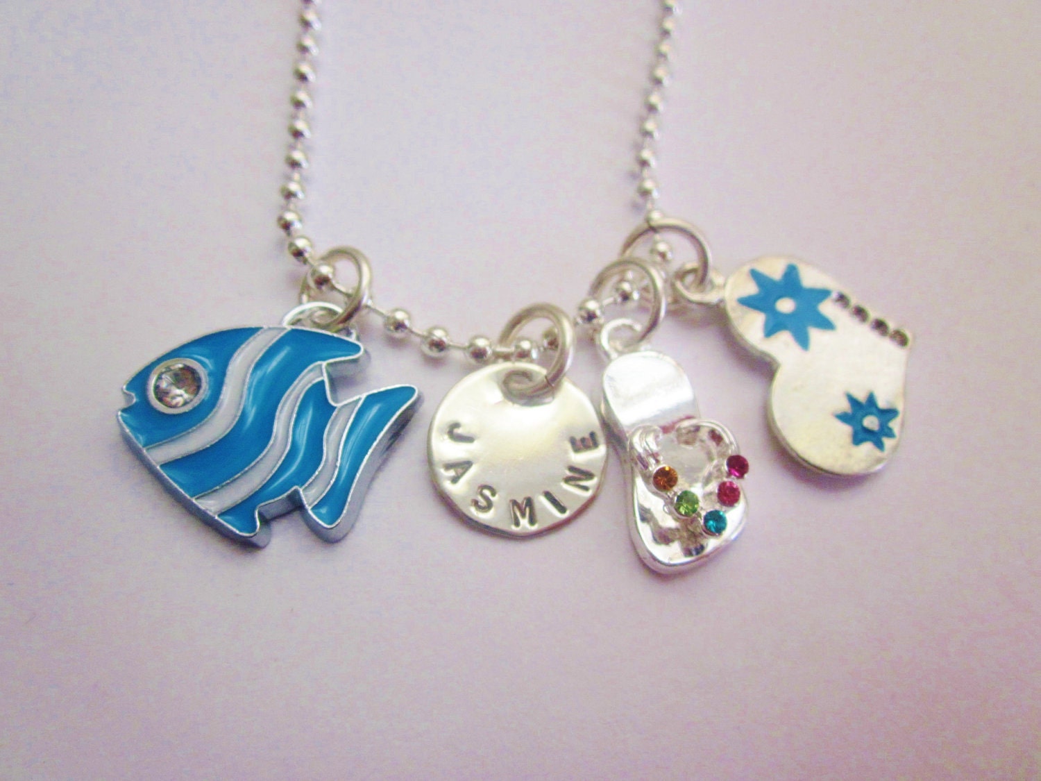 Personalized - Beach Necklace - Fish - Flip Flop - Ocean - Tropical - Name Charm Necklace - Girls Charm Necklace - Hand Stamped Jewelry