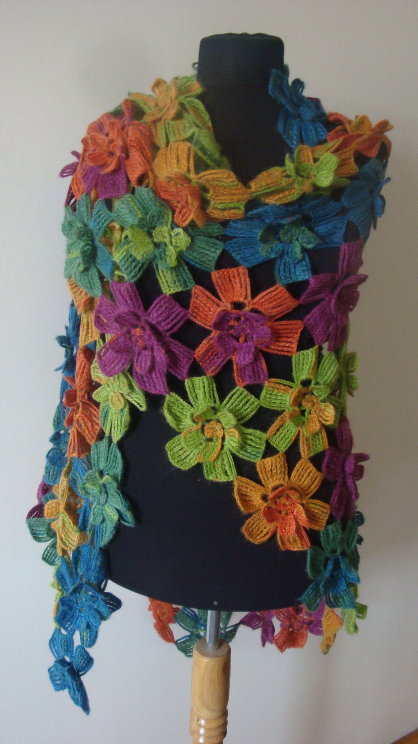Multi colored long shawl/capelet/warmer/stole/scarf. Perfect for christmas gift