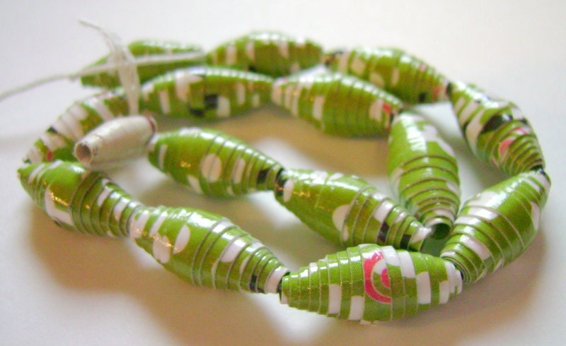 Green and White Hand Rolled Paper Beads