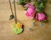 Initial Necklace - Victorian Garden - Moss green and Gold with Apricot Rose