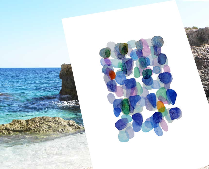 Watercolor painting Sea Glass original painting  Beach Finds ultramarine blue emerald green modern Art
