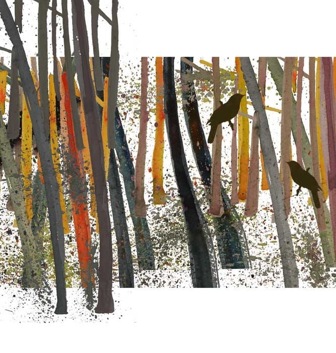 Nature trees Art Bird in the woods Limited edition giclee Rustic outdoors woodland forest blackbirds orange brown summer autumn fall Harvest