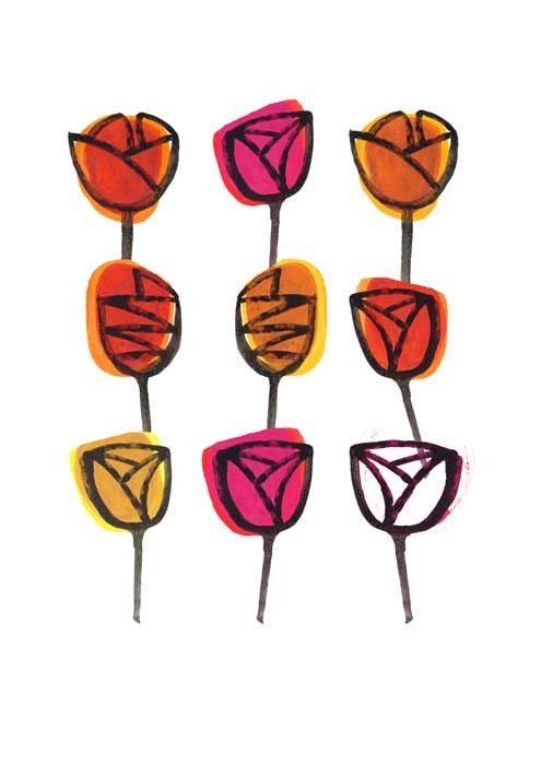 Red flowers Giclee print Dutch Tulips Home Decor poppy red orange Retro art rode tulpen