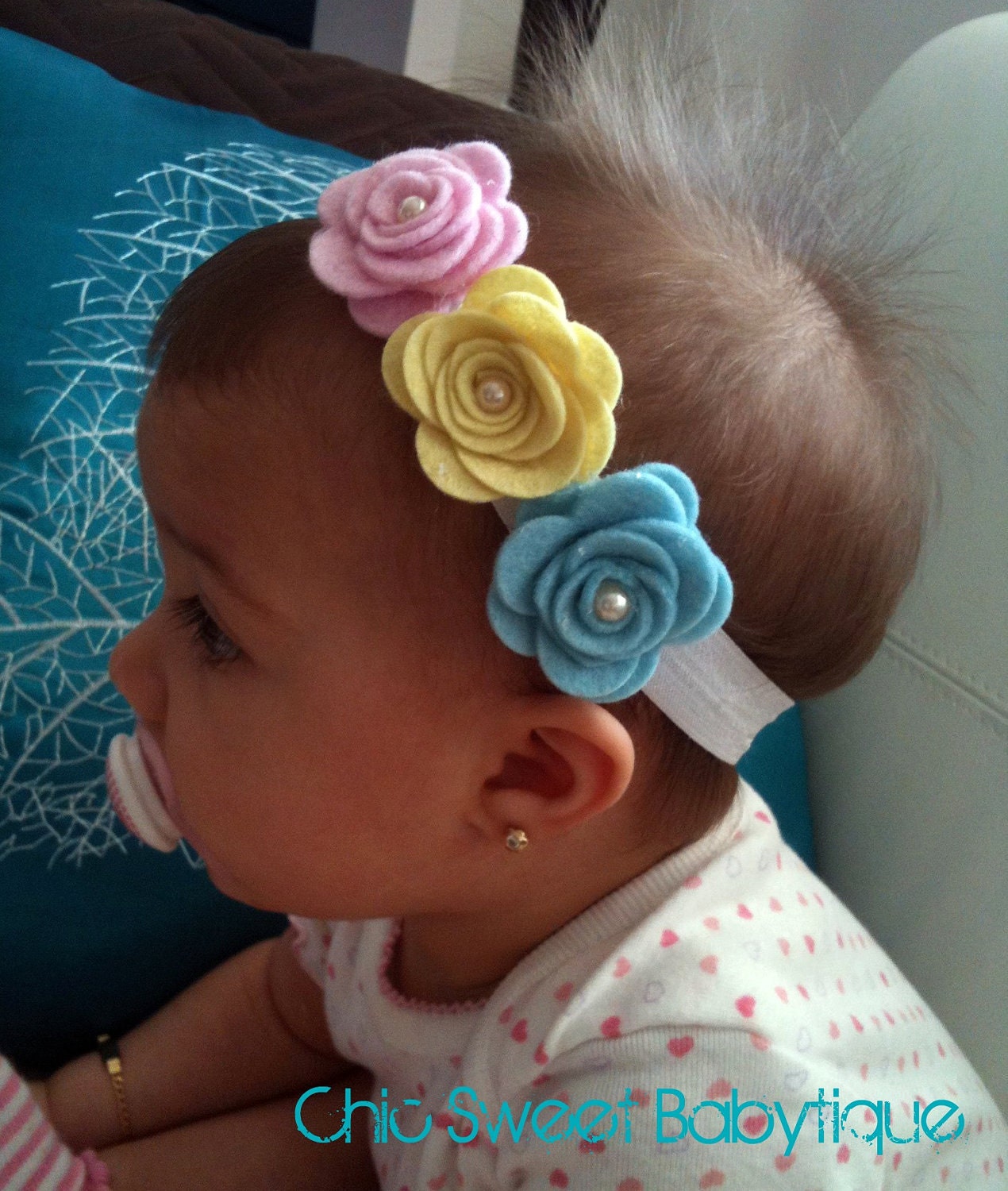 Tri color - pink, yellow, baby blue felt flowers with pearls headband - baby - toddler - newborn - girl