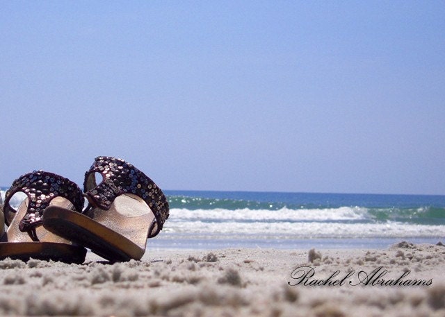 Beach Photography  Sandals wall art blue water aqua sand relax beige seashore photo blue bright sunny home décor horizon 8x10 Photograph