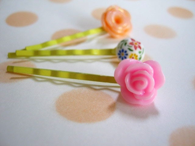 Floral Bobby Pin Set, Garden Hair Accessories, Colorful Floral Hair Pins, Vintage Style Pastel Bobby Pin Set - Tea Garden Yellow