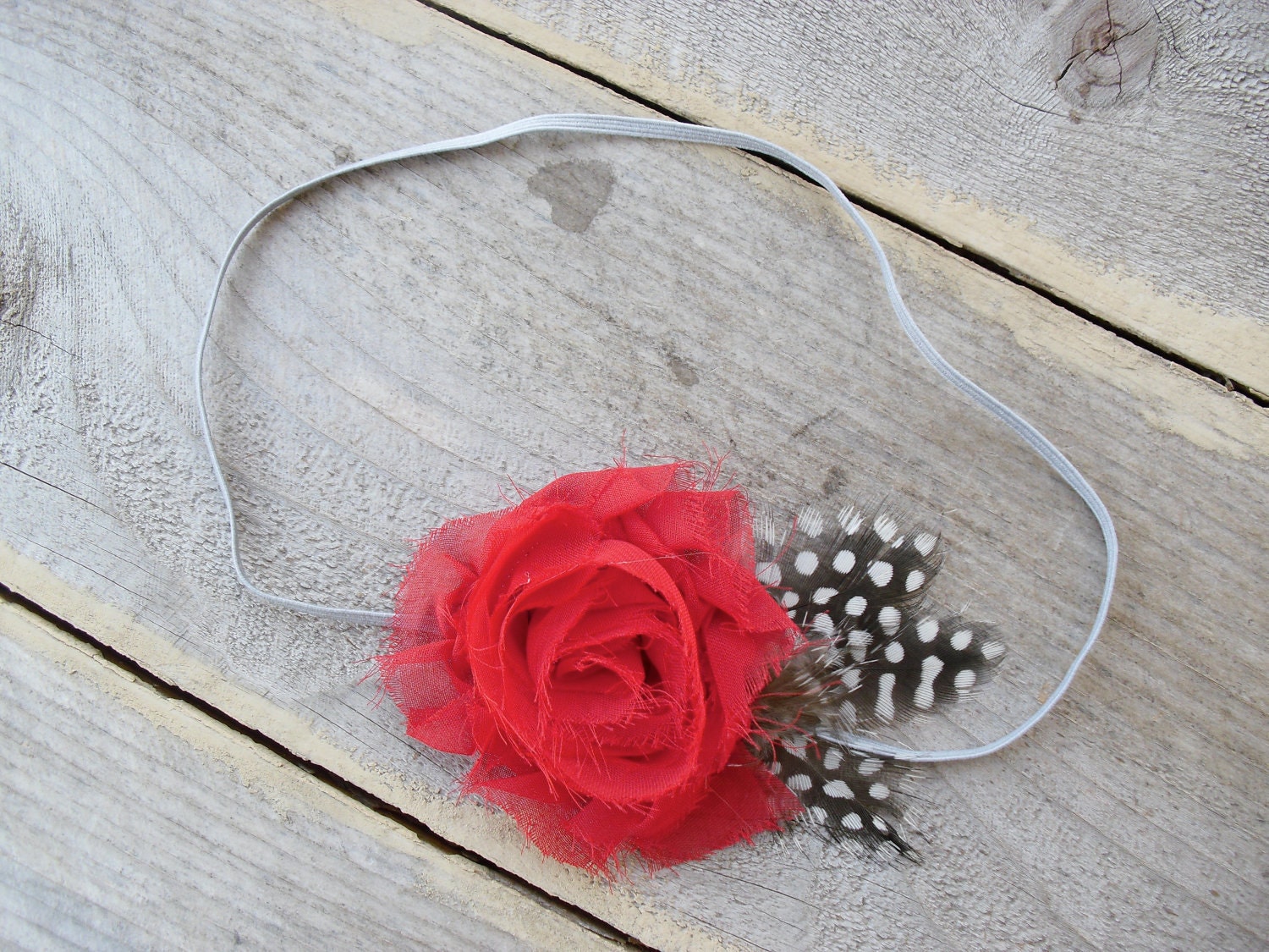 Lovely Red Shabby Chiffon Rosette with Guinea Polka dot feathers