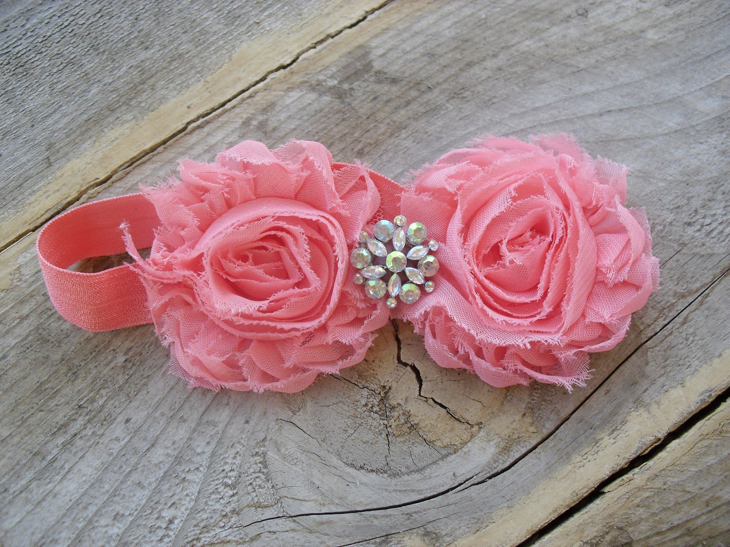 Stunning Coral Double Shabby rosette Flower Headband with beautiful center jewel