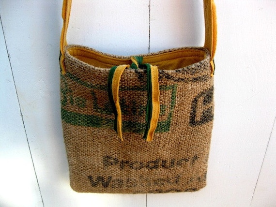 Upcycled Burlap & Tshirt Sling Bag. Eco Friendly. Mustard and Forest Green. Warriors. Sports Tshirt. FREE Shipping.