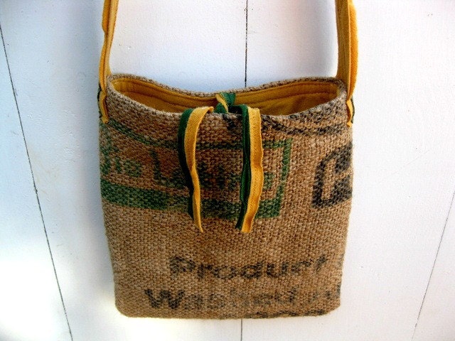 Upcycled Burlap & Tshirt Sling Bag. Eco Friendly. Mustard and Forest Green. Warriors. Sports Tshirt. FREE Shipping.