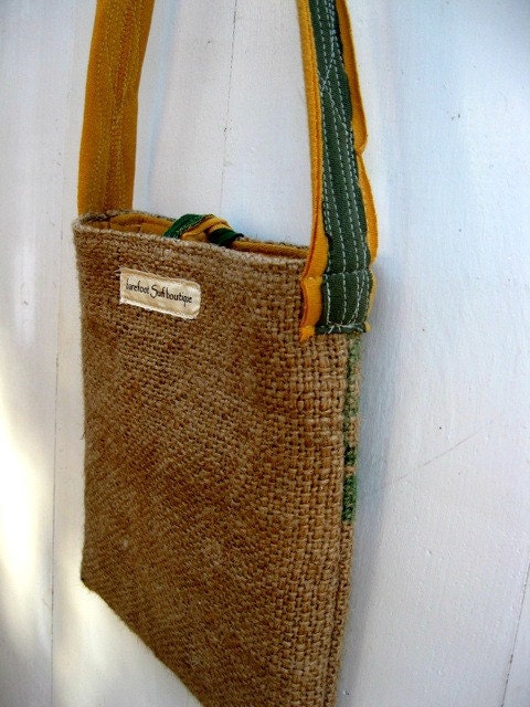 Upcycled Burlap & Tshirt Sling Bag. Eco Friendly. Mustard and Forest Green. Warriors. Sports Tshirt. FREE Shipping.