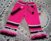 Childs handknit longies, ruffle trim colorful pants, leggings.bright pink,   12/18 mths Original design