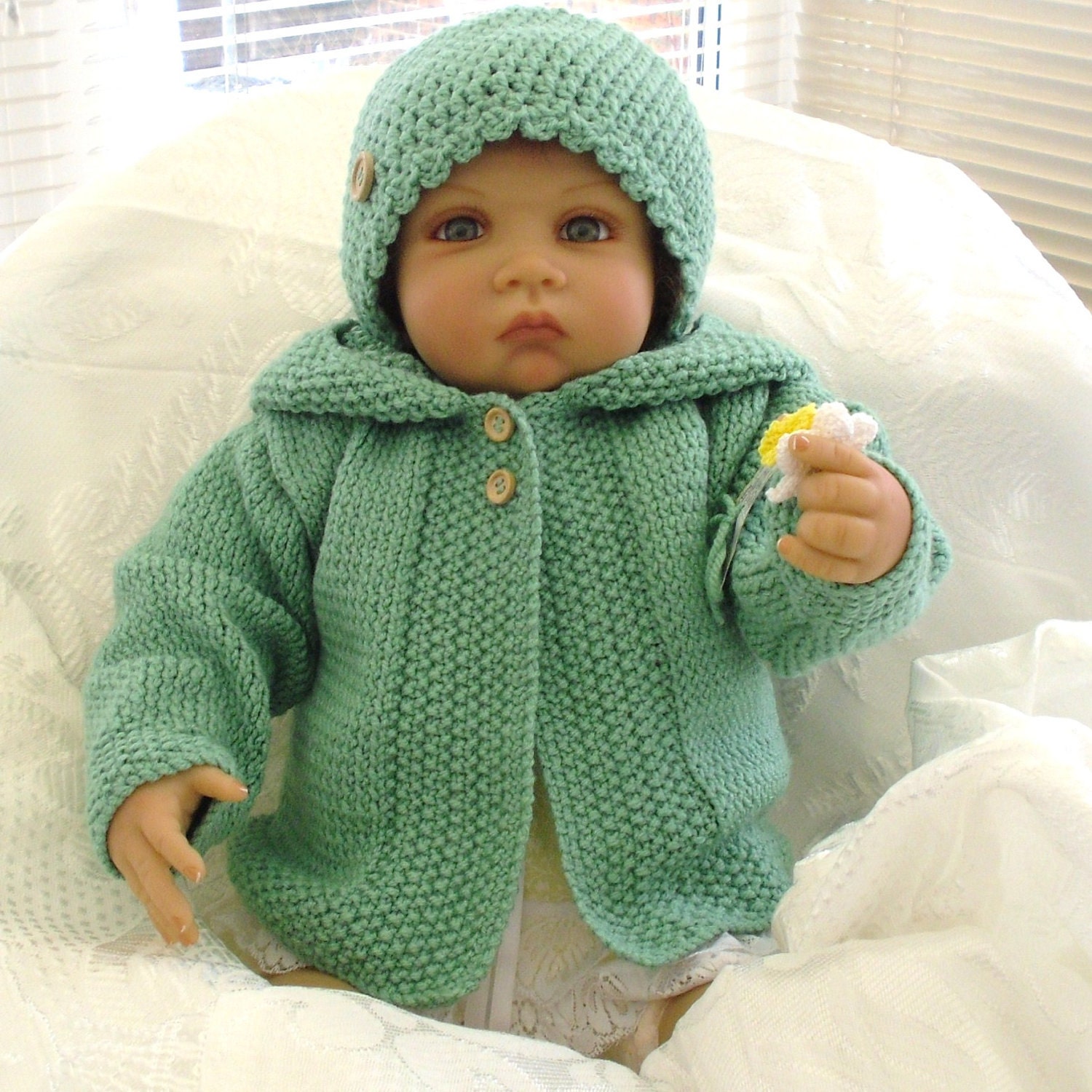 Baby handknit hooded coat. hooded sweater. Matching hat.  Baby gift BOY / GIRL .All colors sizes 0-12mths. CUSTOM