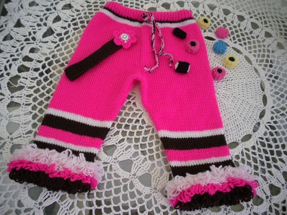 Childs handknit longies, ruffle trim colorful pants, leggings.bright pink, 12/18 mths Original design