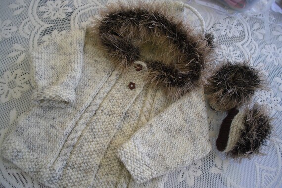 Baby knitting pattern, with pictures, plain or cable front, baby coat, trimmed baby hoodie, cable sweater, 0-2 yrs. FREE bootee pattern