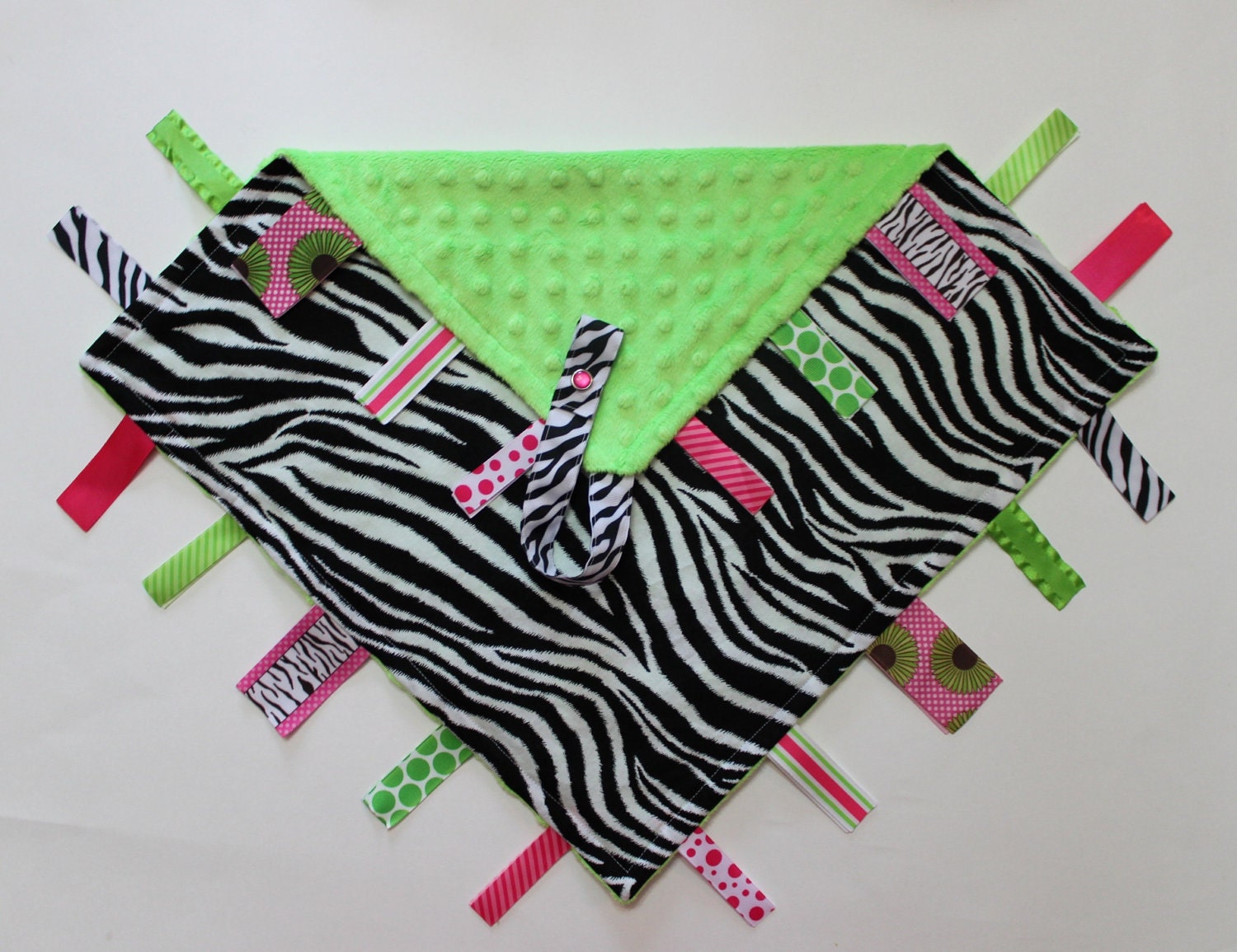 Ribbon Tag Blankie with Pacifier Clip, Large 16 x 16 - Zebra - Lime Green - Hot Pink
