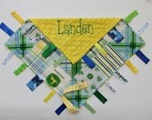 PERSONALIZED Ribbon Tag Blankie with Pacifier Clip, Large 16 x 16 - Yellow Minky