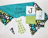 PERSONALIZED Guitars and Teal Minky blanket with MATCHING Bodysuit and Embroidered Burp Cloths