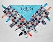 PERSONALIZED Baby Boy Argyle Ribbon Tag Sensory Blanket with Pacifier Clip Large 16 x 16 Turquoise Minky