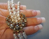 Vintage Rhinestone Pearl Bracelet by Florenza 3 strands white glass pearls fancy rhinestone clasp smoke black diamond rhinestones
