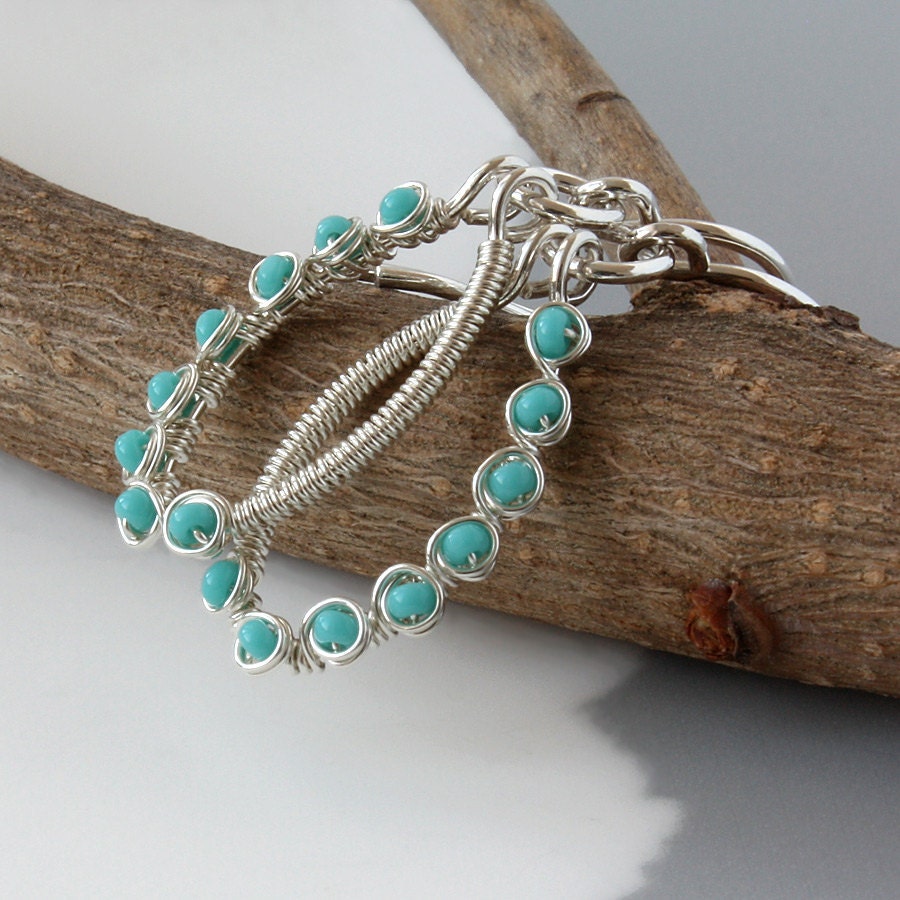 Turquoise Glass Beaded Earrings, Silver Wrapped Oval Hoops, Petite Earrings