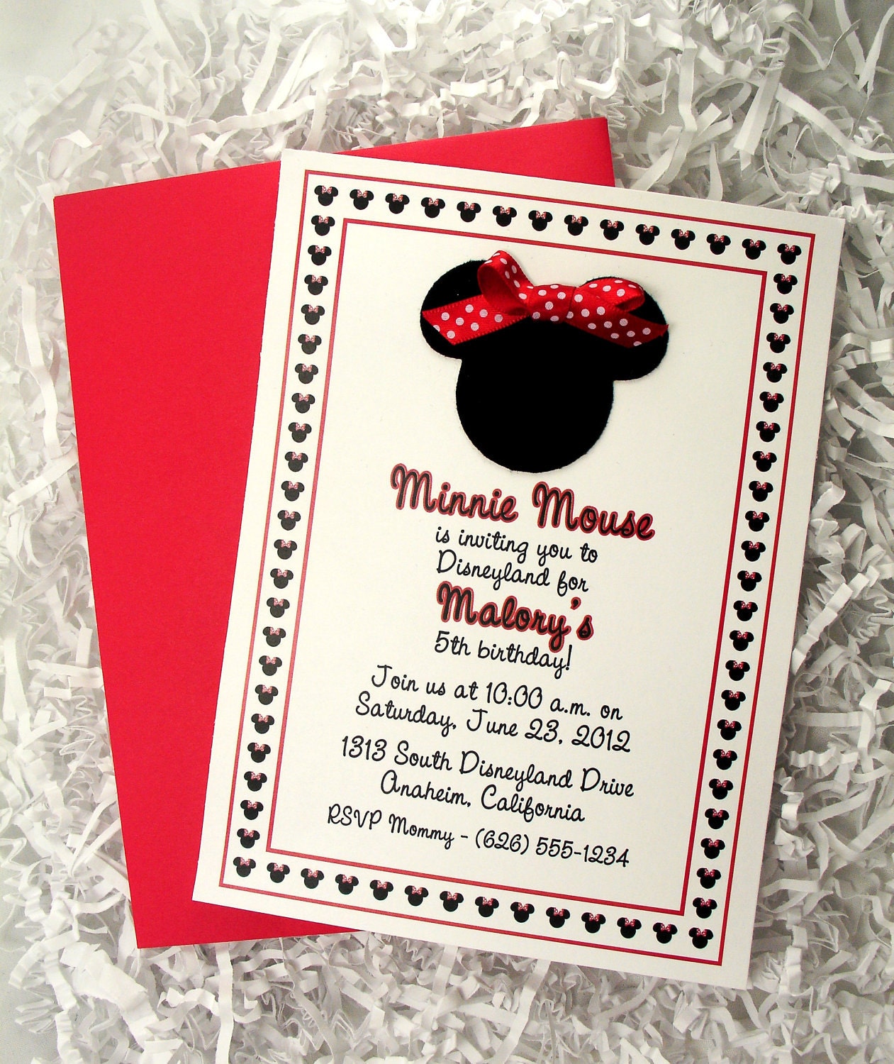 Minnie Mouse Invitations Red - Handmade Velvet Single Layer - Set of 10