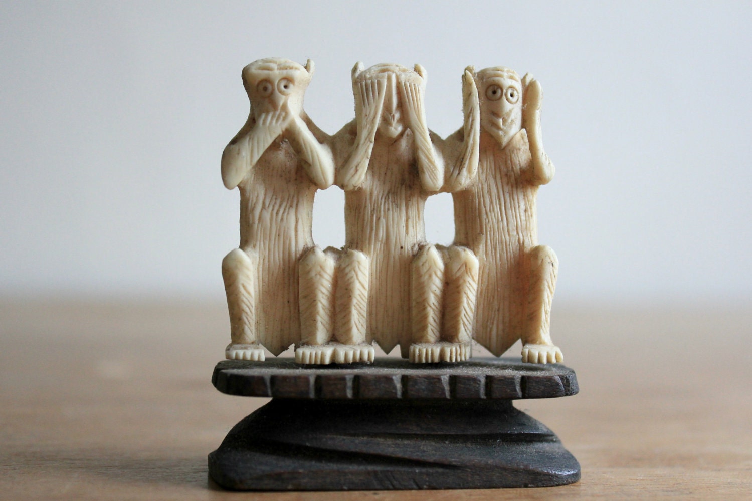 Vintage Carved Bone Figurine - 'Three Wise Monkeys'