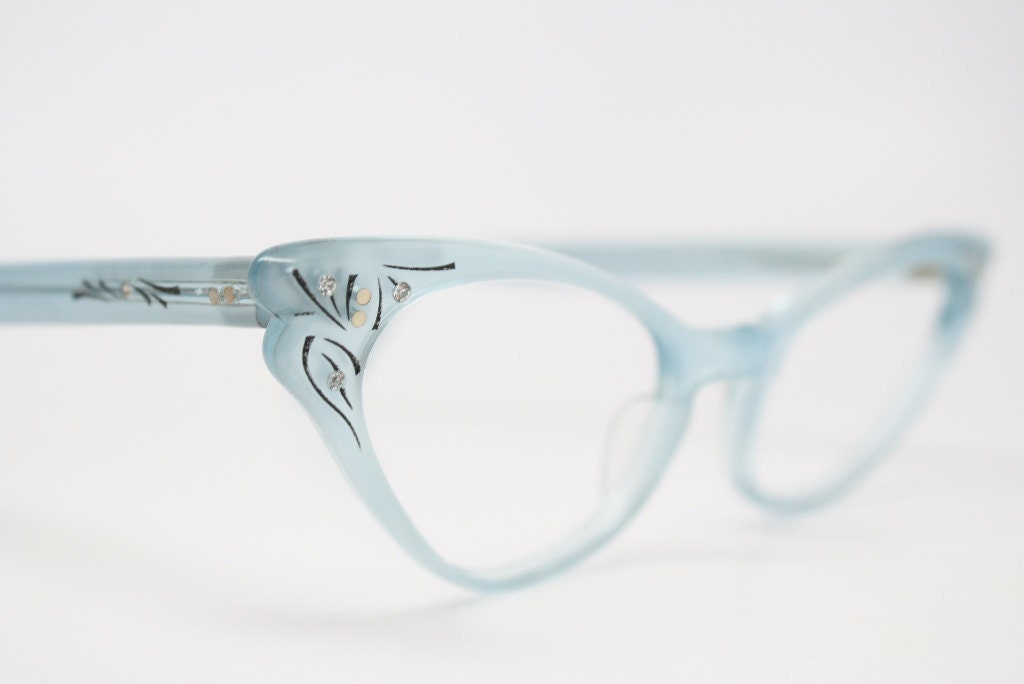 1950 cat eye eyeglasses mint blue rhinestone cateye frames