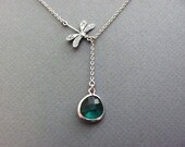 Emerald Dragonfly Lariat Necklace in Silver- May Birthstone, spring summer style, bridesmaids jewelry, unique gifts, available in gold.