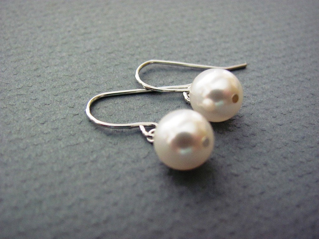 Silver Simple Dainty White Round Pearl Dangle Earrings- sterling silver earwires, bridal jewelry gifts, available in gold