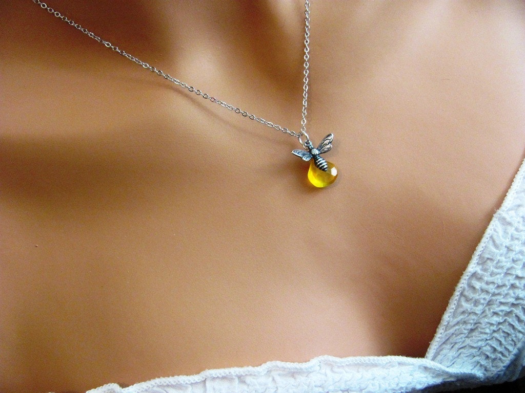 Busy Bee Necklace in Silver- yellow chalcedony gemstone, unique gifts, available in gold, original design by ACutieChick.