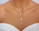 Silver Double Orchids Teardrop Pearl Lariat Necklace- romantic bridal jewelry bridesmaids gifts, available in gold.