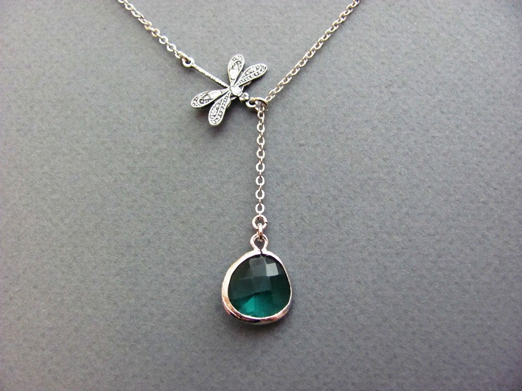 Buy unique gifts - Emerald Dragonfly Lariat Necklace in Silver- May Birthstone, spring summer style, bridesmaids jewelry, unique gifts, available in gold.