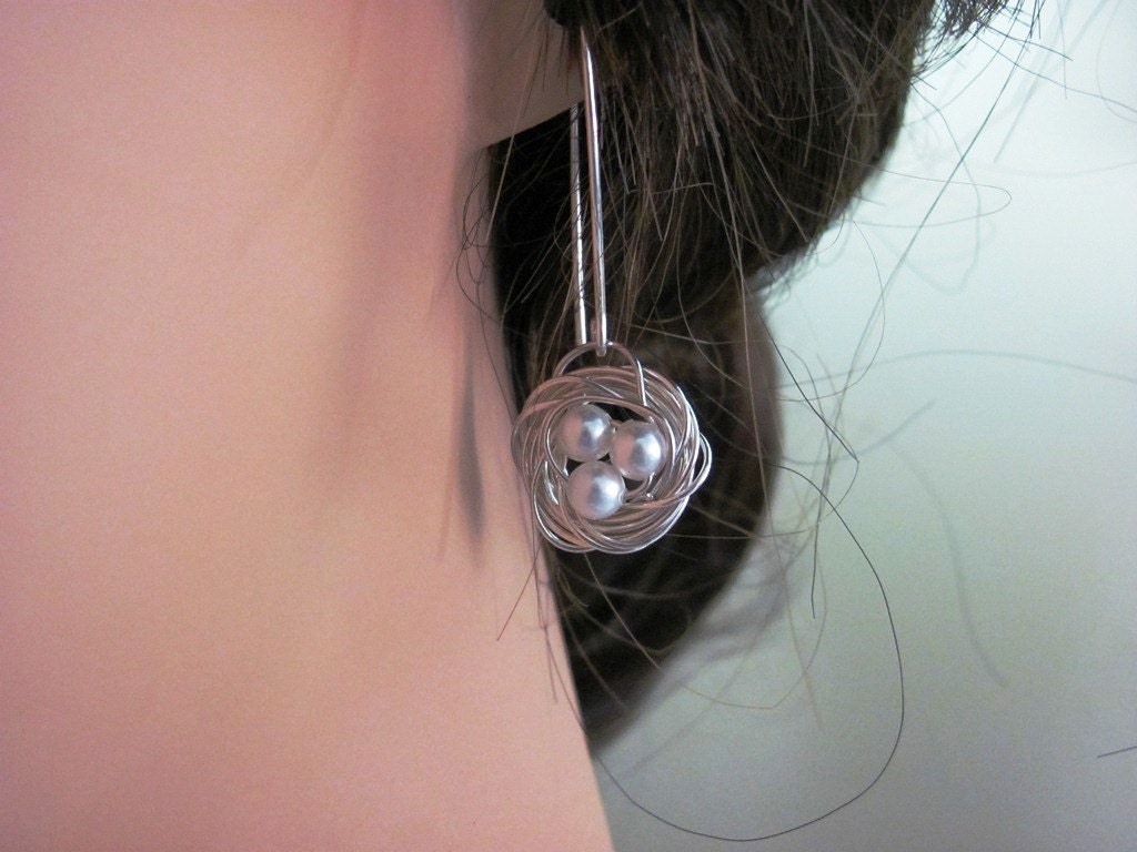 Silver Baby Bird Nest Earrings- handmade sterling silver earwires, mom, mother's day, baby shower gift, customizable