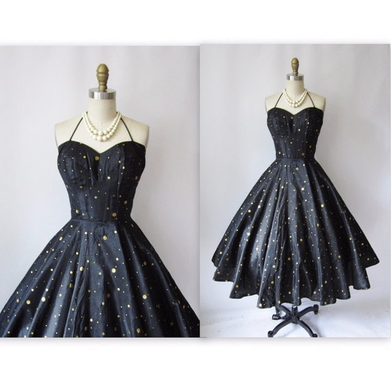 1950's Polkadot Halter Black Gold Strapless Organza Cocktail Party Mad Men Circle Sun Dress S M