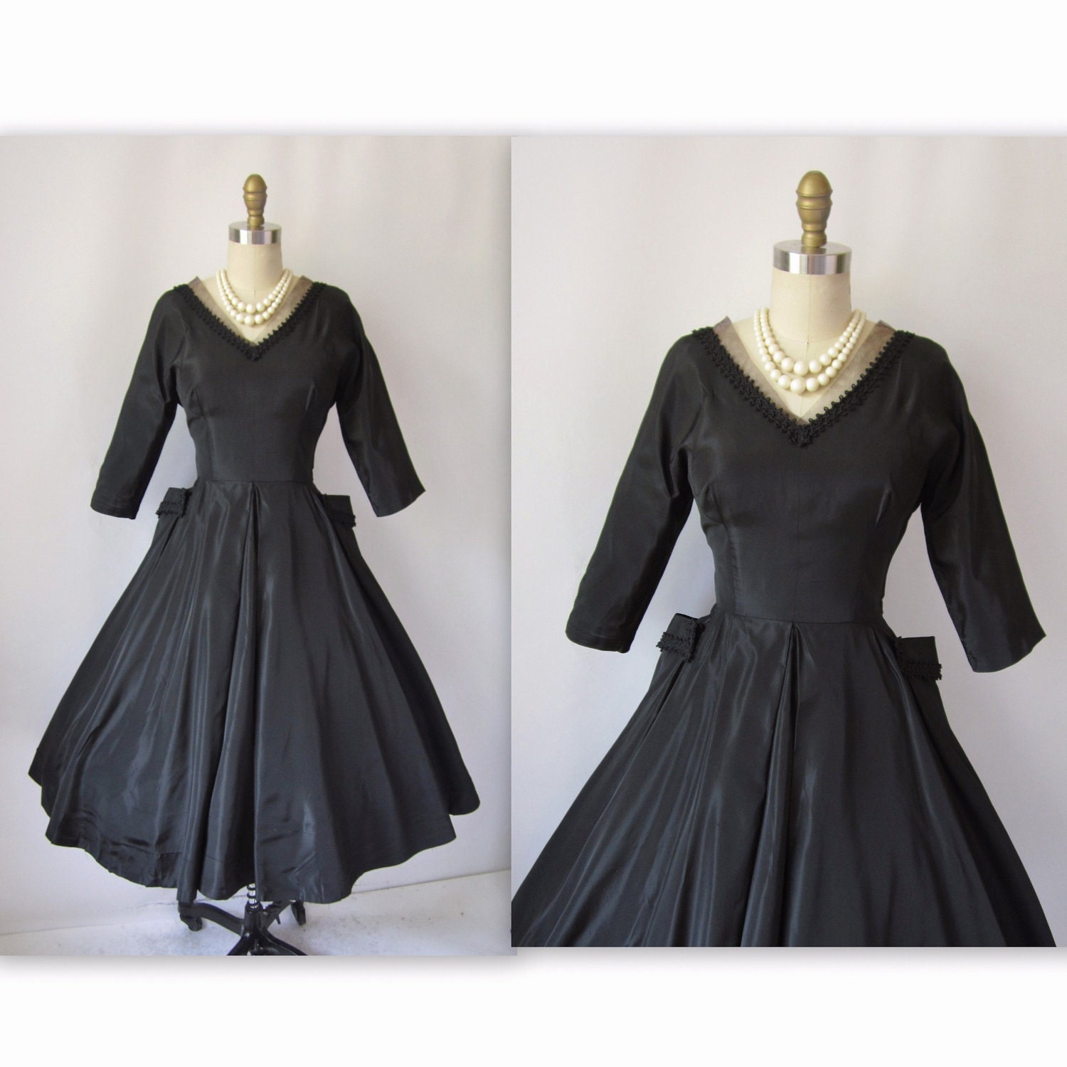 1950's Black Taffeta New Look Full Cocktail Party Dress XS