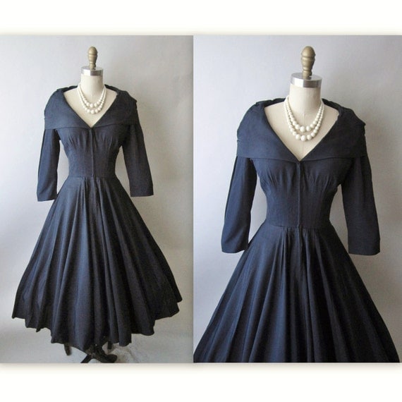 50's Cocktail Dress // Vintage 1950's Navy New Look Full Cocktail Party Dress M L