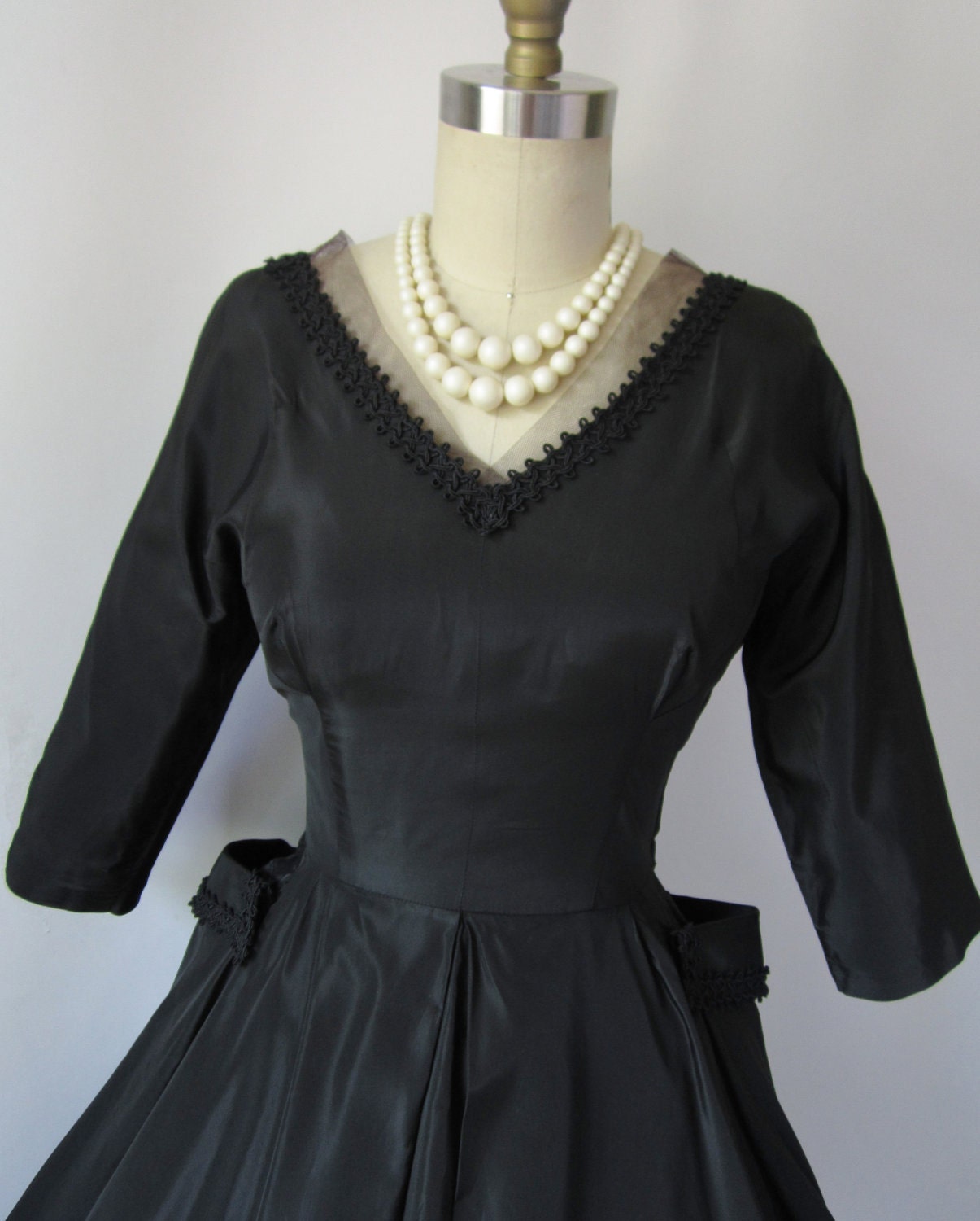 1950's Black Taffeta New Look Full Cocktail Party Dress XS