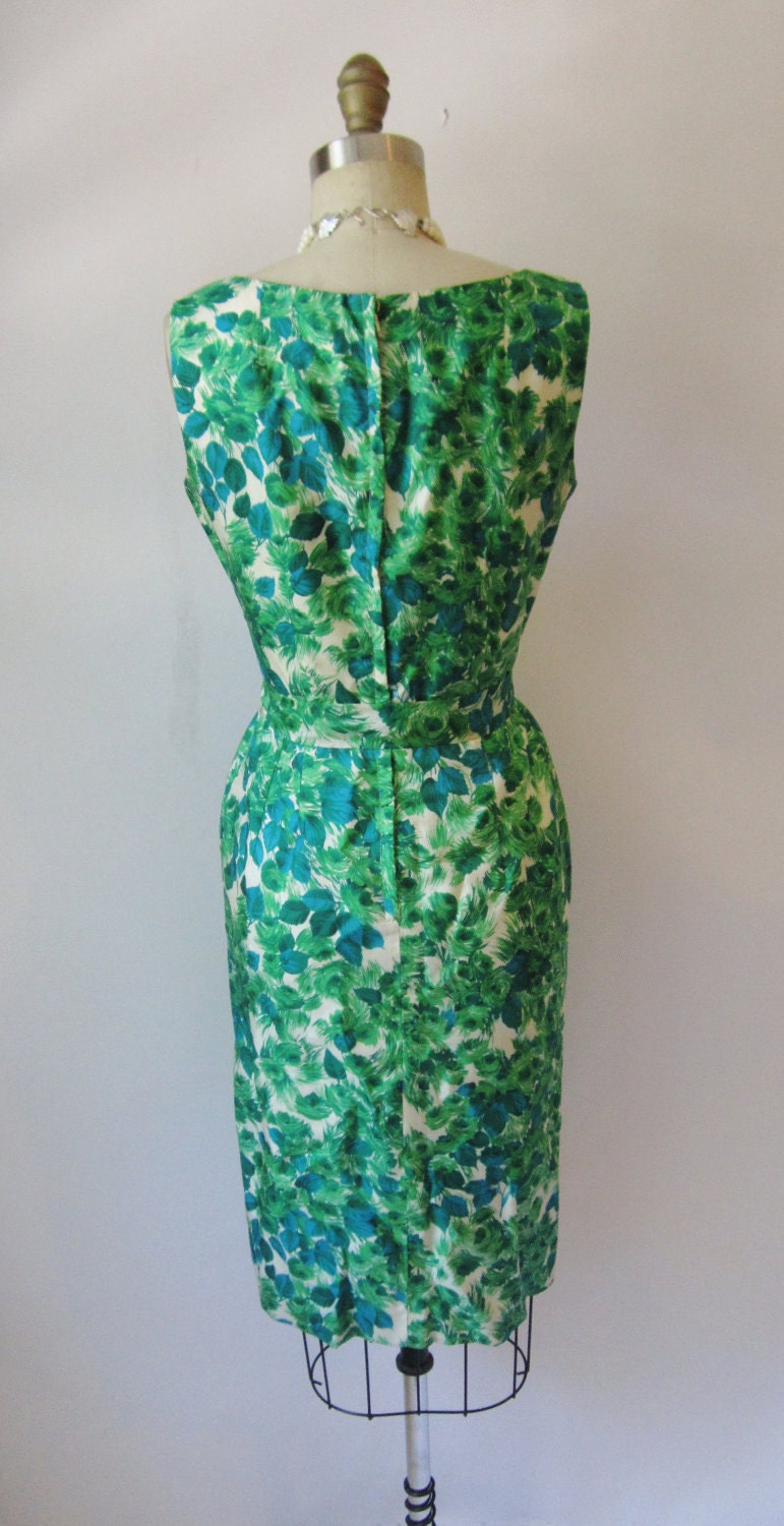 Vintage 1950's Dress Green Silk Floral Print Cocktail Party Mad Men Wiggle Dress