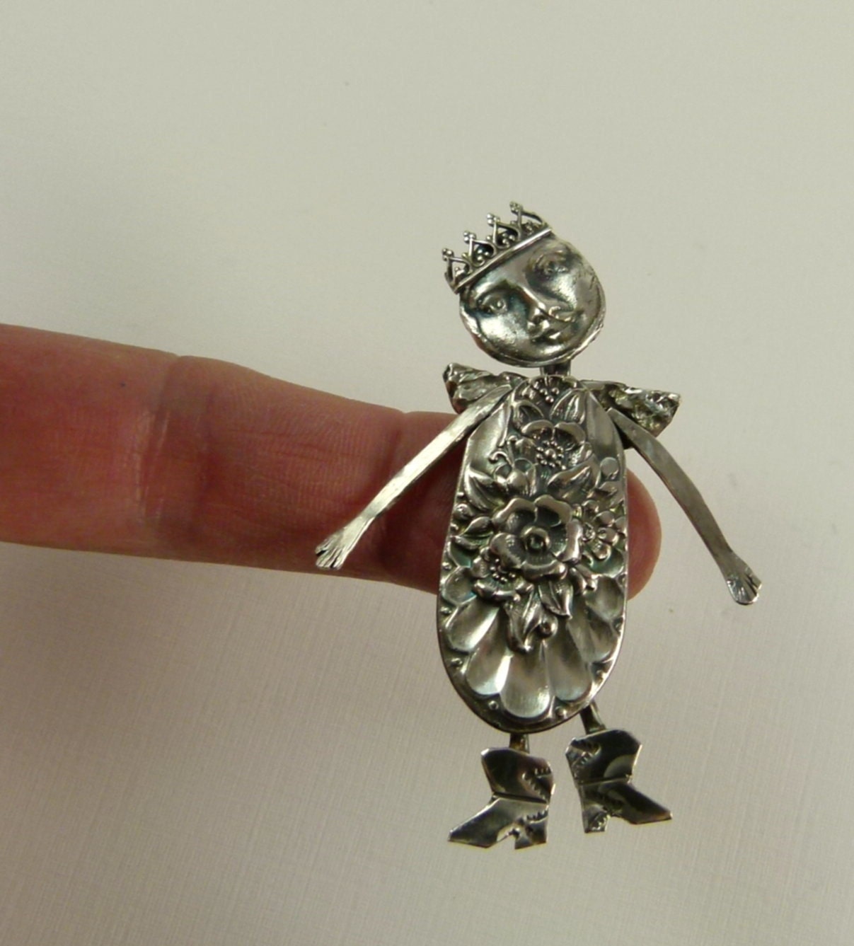 Angel Ingrid Opens Herself To Positive Energy - Re-purposed Sterling Silver, Spoon Handle, And PMC - Art Jewelry Pendant - 675