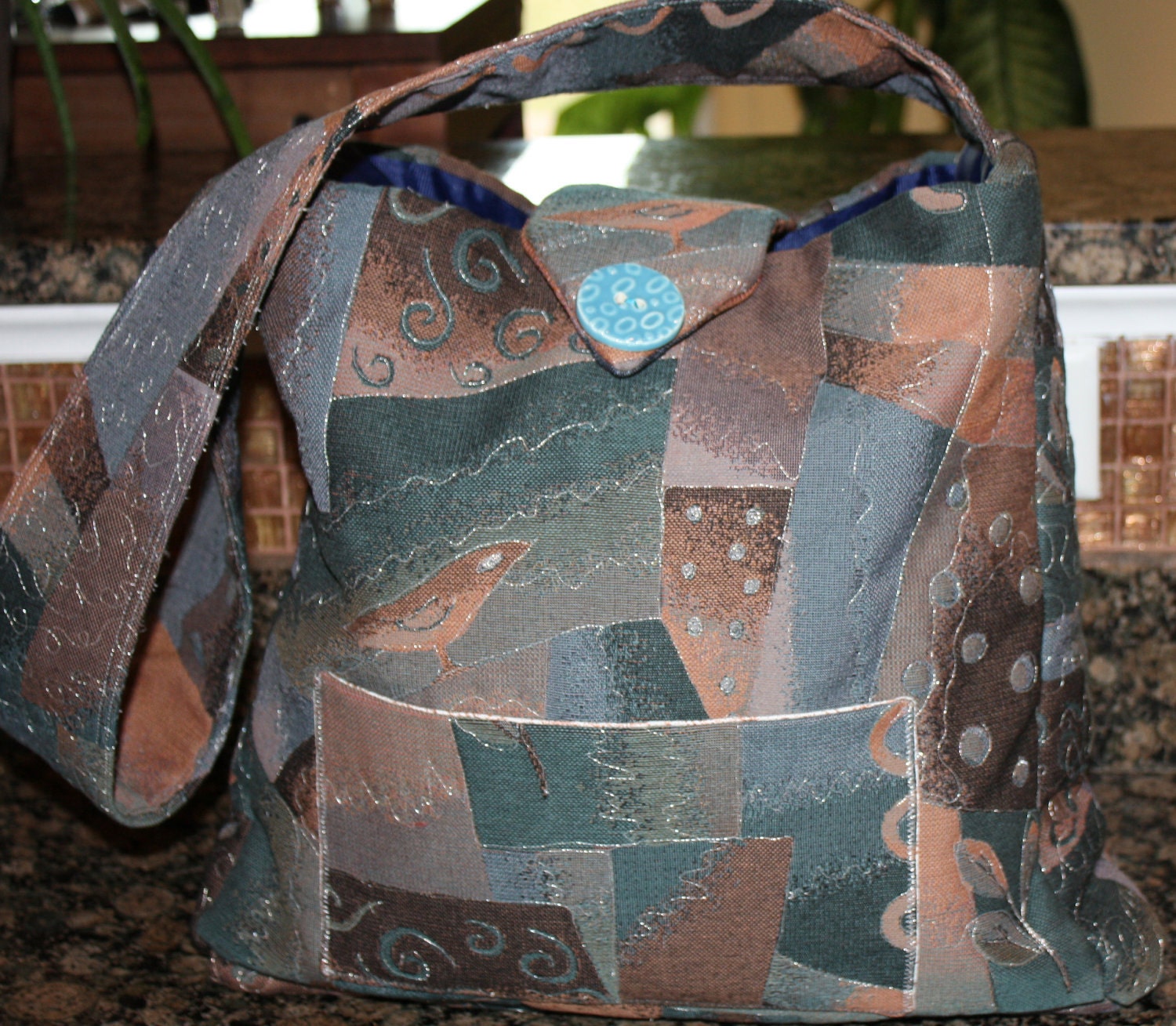 Handmade Quilted Tote Bag Mid-Century Abstract Print