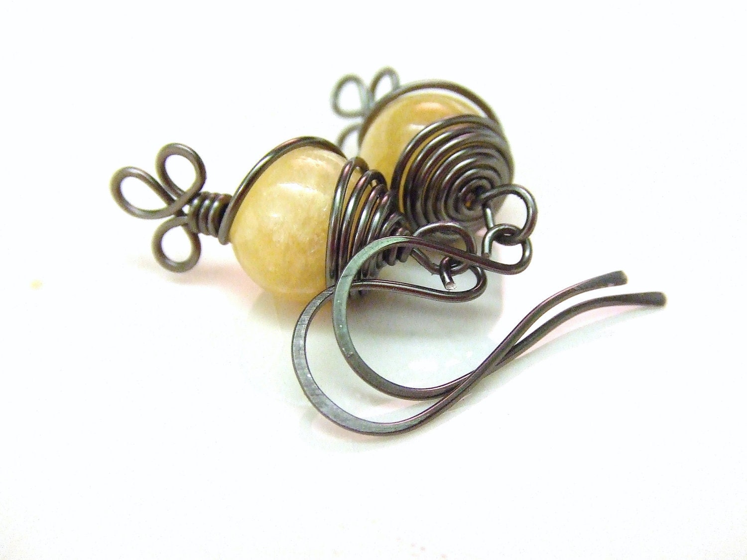 Honey Agate Earrings Wire Wrap Gunmetal Earrings Vintage Inspired Boho Chic Filigree Antique Earrings Yellow Earrings Wire Wrap Jewelry - deannewatsonjewelry
