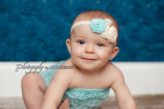 Aqua and Ivory Newborn Headband - Baby Headband - Tiffany Inspired