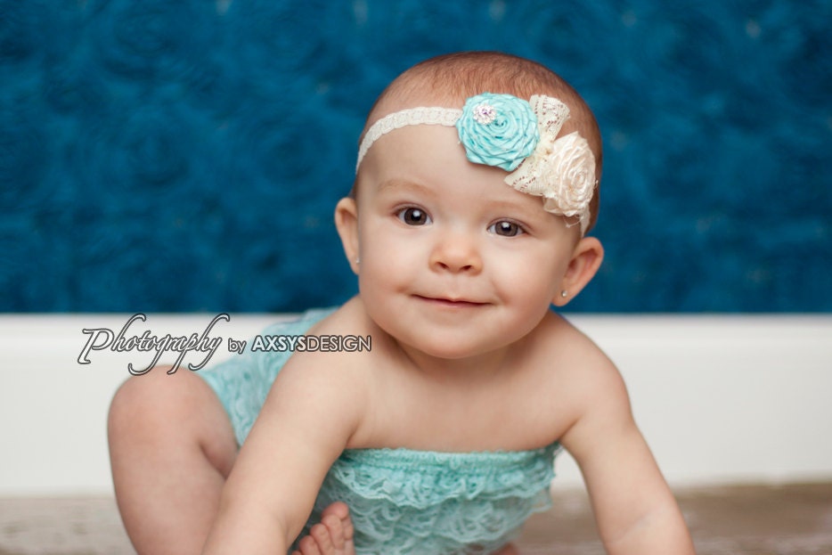 Aqua and Ivory Newborn Headband - Baby Headband - Tiffany Inspired