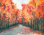 Watercolor Landscape Painting - Autumn Journey Fall Nature Landscape Woodland Scenic Art