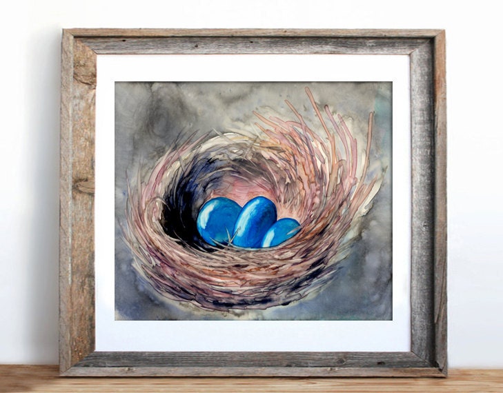Watercolor Painting - New Beginning -  Blue Robin Eggs Bird Nest Art