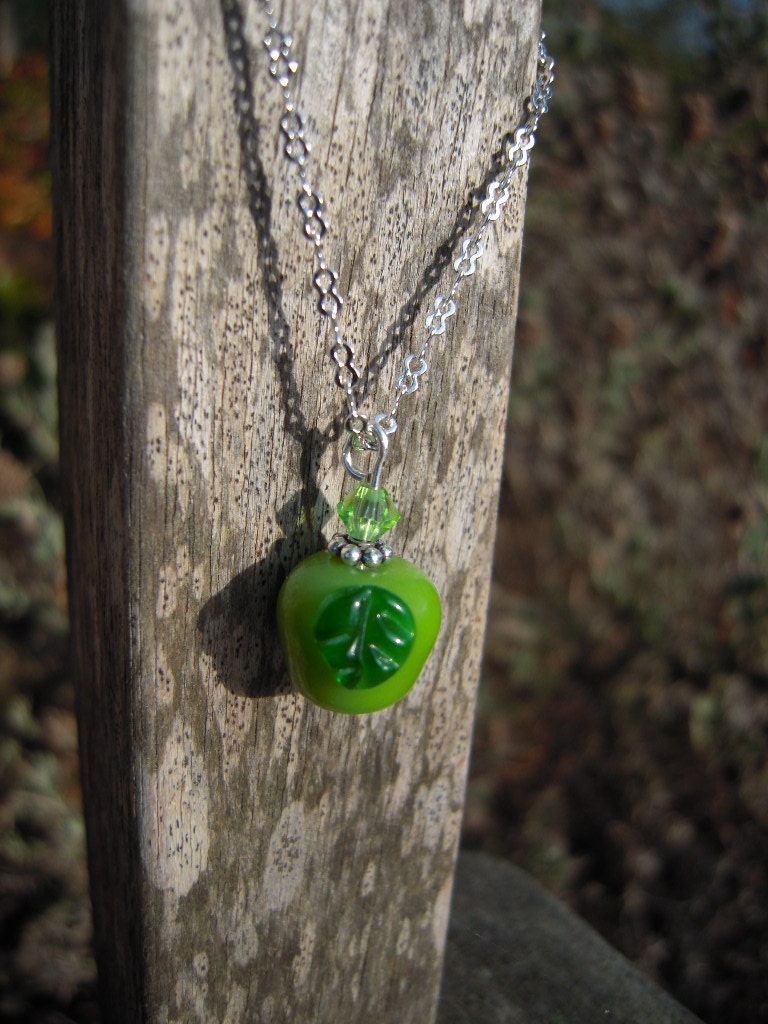 Green Apple Necklace with Swarovski Crystal Bead