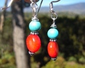Red Coral and Turquoise Beaded Earrings