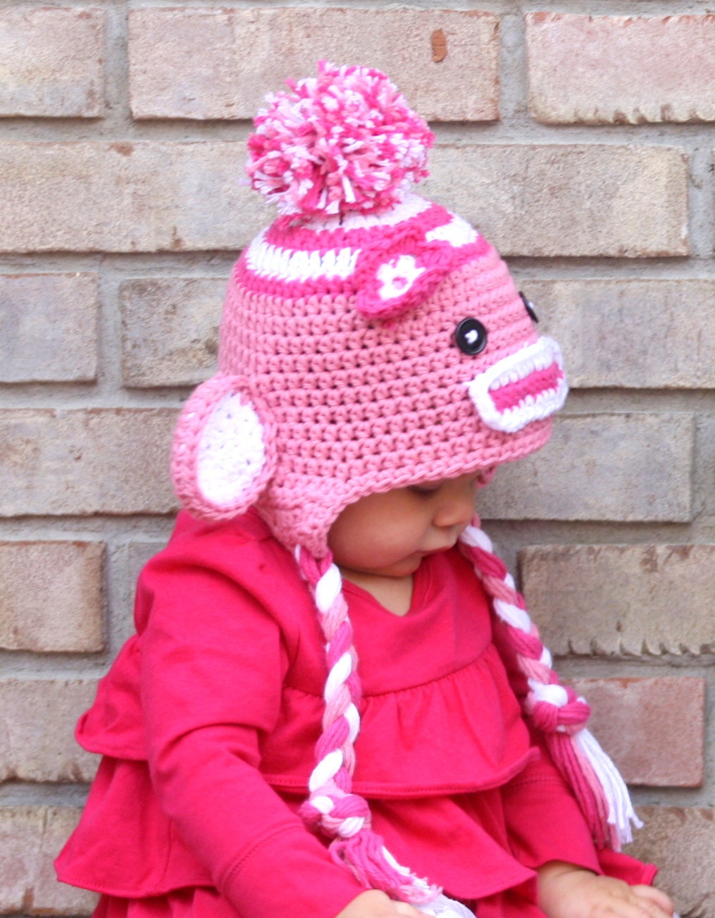 Crochet Pink Sock  Monkey Hat  Newborn to Toddler sizing  Photography prop